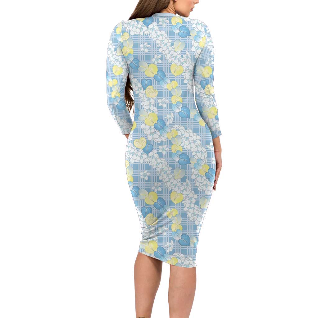 Anthurium Plumeria Lei Pastel Family Matching Long Sleeve Bodycon Dress and Hawaiian Shirt Blue Hawaiian Splendid Palaka LT01 - Polynesian Pride