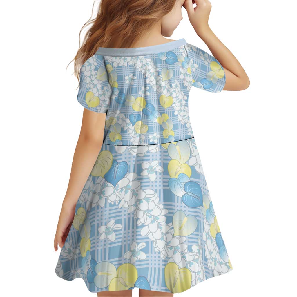 Anthurium Plumeria Lei Pastel Family Matching Off The Shoulder Long Sleeve Dress and Hawaiian Shirt Blue Hawaiian Splendid Palaka LT01 - Polynesian Pride