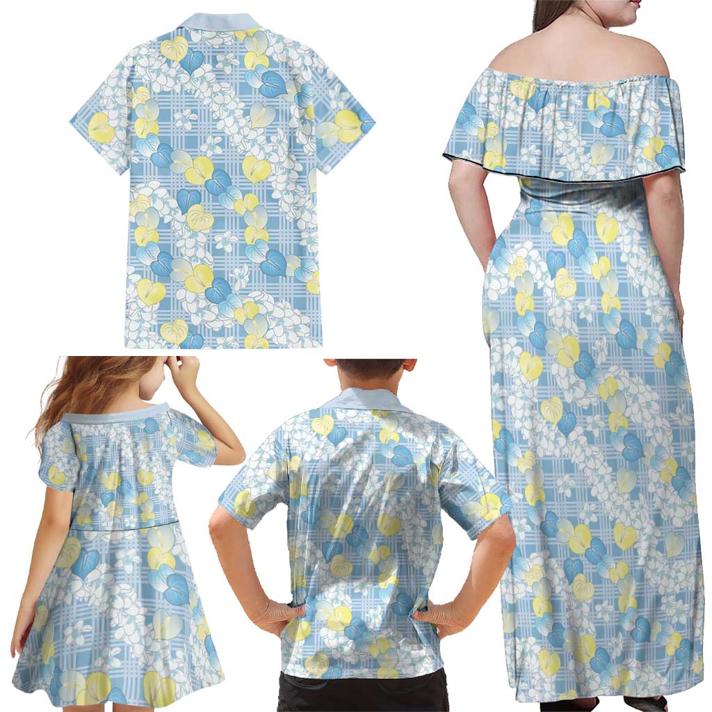 Anthurium Plumeria Lei Pastel Family Matching Off Shoulder Maxi Dress and Hawaiian Shirt Blue Hawaiian Splendid Palaka LT01 - Polynesian Pride
