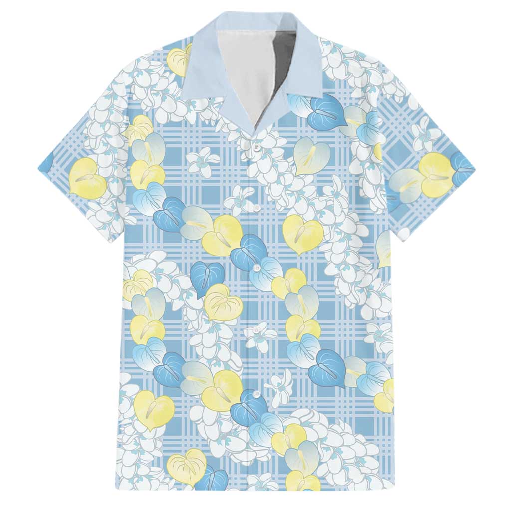 Anthurium Plumeria Lei Pastel Family Matching Off Shoulder Maxi Dress and Hawaiian Shirt Blue Hawaiian Splendid Palaka LT01 Dad's Shirt - Short Sleeve Blue - Polynesian Pride