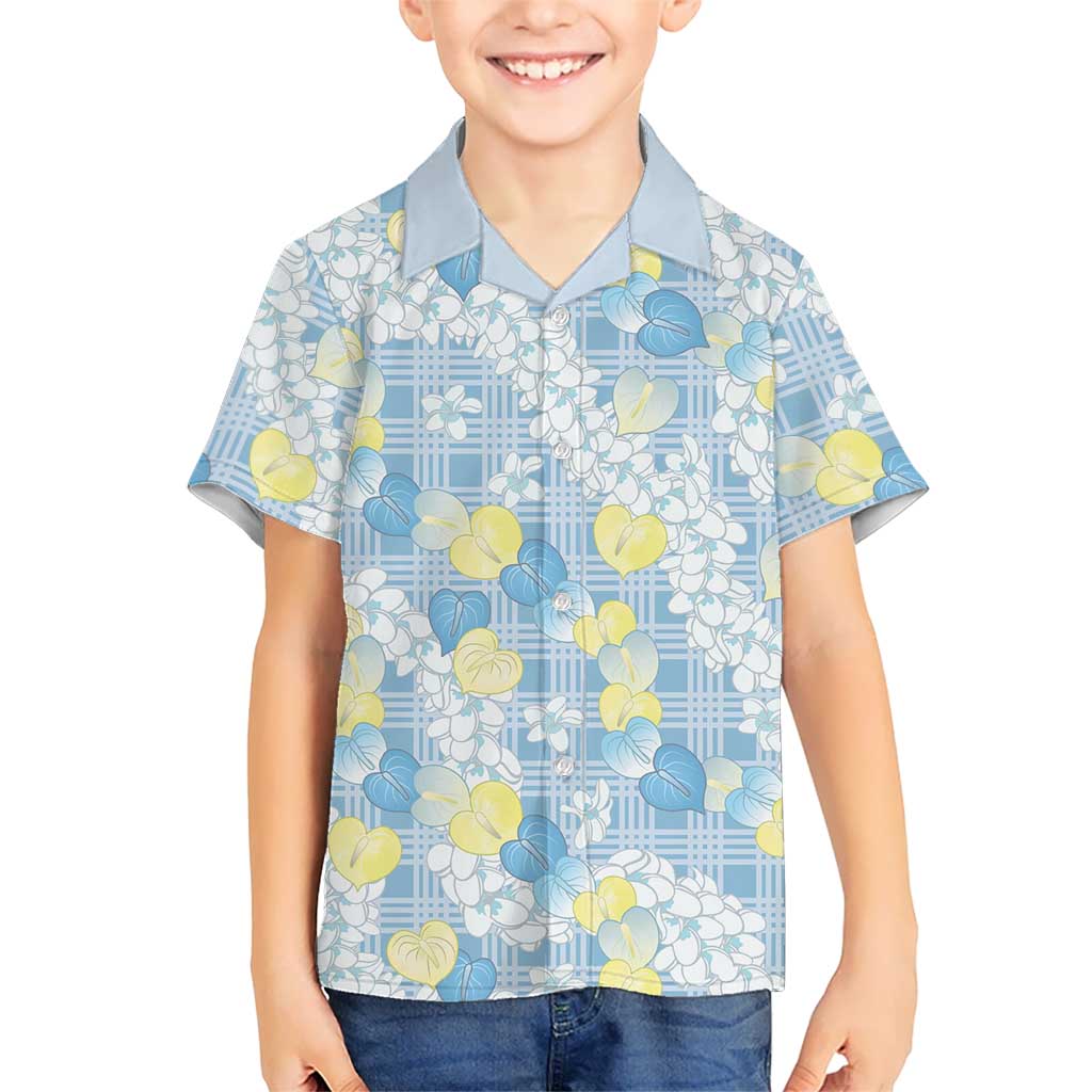 Anthurium Plumeria Lei Pastel Family Matching Off Shoulder Maxi Dress and Hawaiian Shirt Blue Hawaiian Splendid Palaka LT01 Son's Shirt Blue - Polynesian Pride