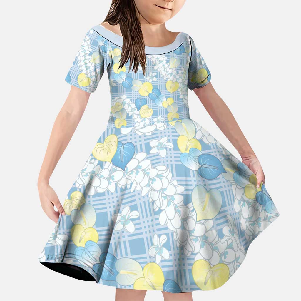 Anthurium Plumeria Lei Pastel Family Matching Off Shoulder Short Dress and Hawaiian Shirt Blue Hawaiian Splendid Palaka LT01 Daughter's Dress Blue - Polynesian Pride