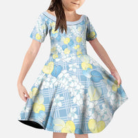 Anthurium Plumeria Lei Pastel Family Matching Off Shoulder Short Dress and Hawaiian Shirt Blue Hawaiian Splendid Palaka LT01 Daughter's Dress Blue - Polynesian Pride