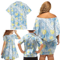 Anthurium Plumeria Lei Pastel Family Matching Off Shoulder Short Dress and Hawaiian Shirt Blue Hawaiian Splendid Palaka LT01 - Polynesian Pride