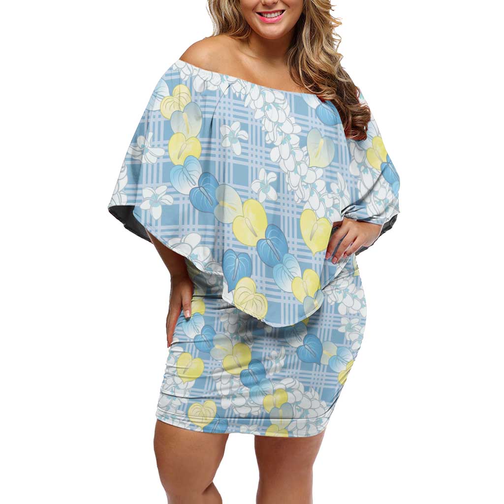 Anthurium Plumeria Lei Pastel Family Matching Off Shoulder Short Dress and Hawaiian Shirt Blue Hawaiian Splendid Palaka LT01 Mom's Dress Blue - Polynesian Pride