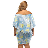 Anthurium Plumeria Lei Pastel Family Matching Off Shoulder Short Dress and Hawaiian Shirt Blue Hawaiian Splendid Palaka LT01 - Polynesian Pride