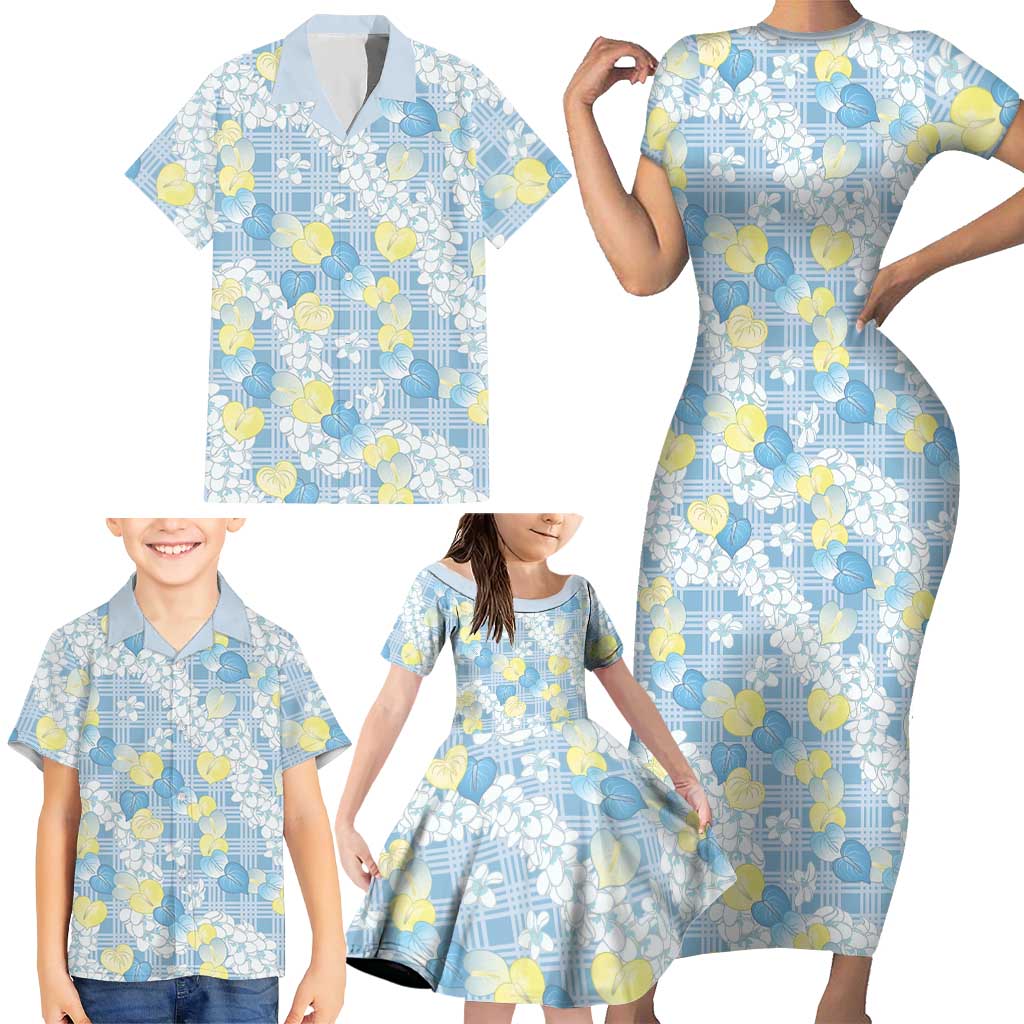 Anthurium Plumeria Lei Pastel Family Matching Short Sleeve Bodycon Dress and Hawaiian Shirt Blue Hawaiian Splendid Palaka LT01 - Polynesian Pride