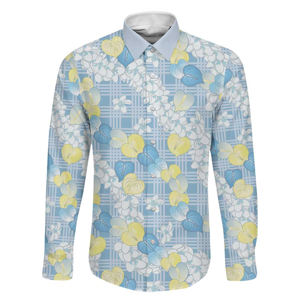 Anthurium Plumeria Lei Pastel Family Matching Summer Maxi Dress and Hawaiian Shirt Blue Hawaiian Splendid Palaka LT01 Dad's Shirt - Long Sleeve Blue - Polynesian Pride