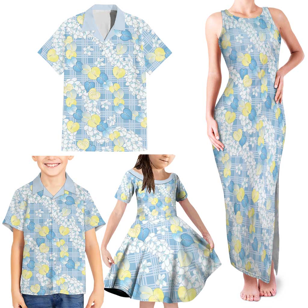 Anthurium Plumeria Lei Pastel Family Matching Tank Maxi Dress and Hawaiian Shirt Blue Hawaiian Splendid Palaka