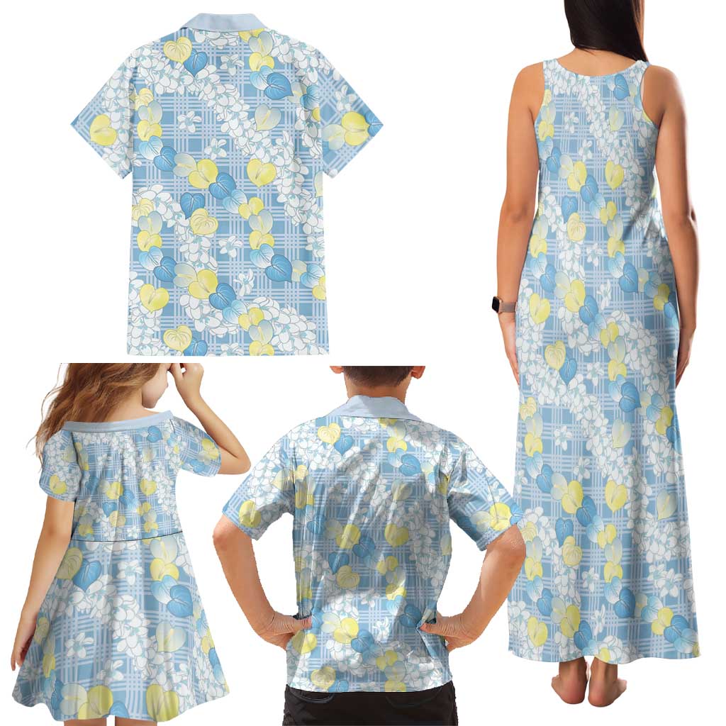 Anthurium Plumeria Lei Pastel Family Matching Tank Maxi Dress and Hawaiian Shirt Blue Hawaiian Splendid Palaka LT01 - Polynesian Pride