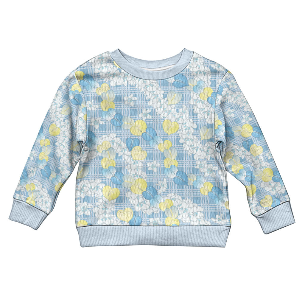 Anthurium Plumeria Lei Pastel Kid Ugly Christmas Sweater Blue Hawaiian Splendid Palaka LT01 Kid Blue - Polynesian Pride