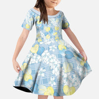 Anthurium Plumeria Lei Pastel Kid Short Sleeve Dress Blue Hawaiian Splendid Palaka