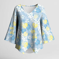 Anthurium Plumeria Lei Pastel Kimono Sleeve Blouse Blue Hawaiian Splendid Palaka