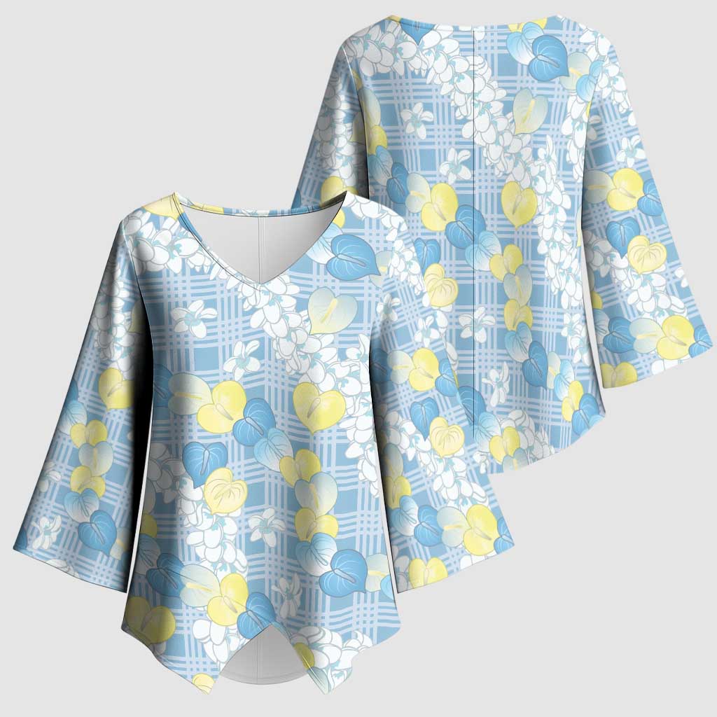 Anthurium Plumeria Lei Pastel Kimono Sleeve Blouse Blue Hawaiian Splendid Palaka