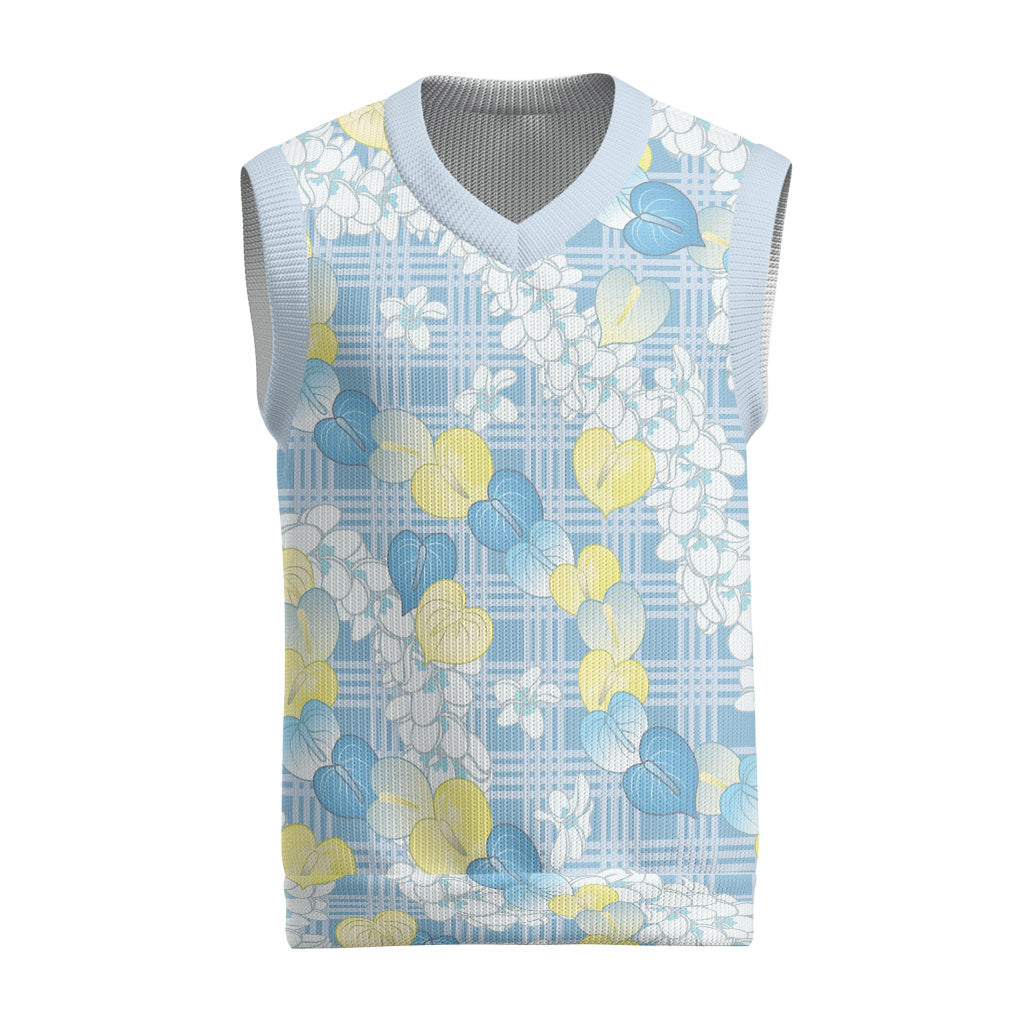 Anthurium Plumeria Lei Pastel Christmas Knitted V-Neck Vest Blue Hawaiian Splendid Palaka LT01 Blue - Polynesian Pride