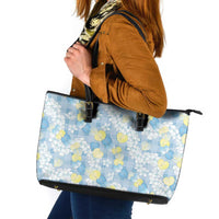 Anthurium Plumeria Lei Pastel Leather Tote Bag Blue Hawaiian Splendid Palaka
