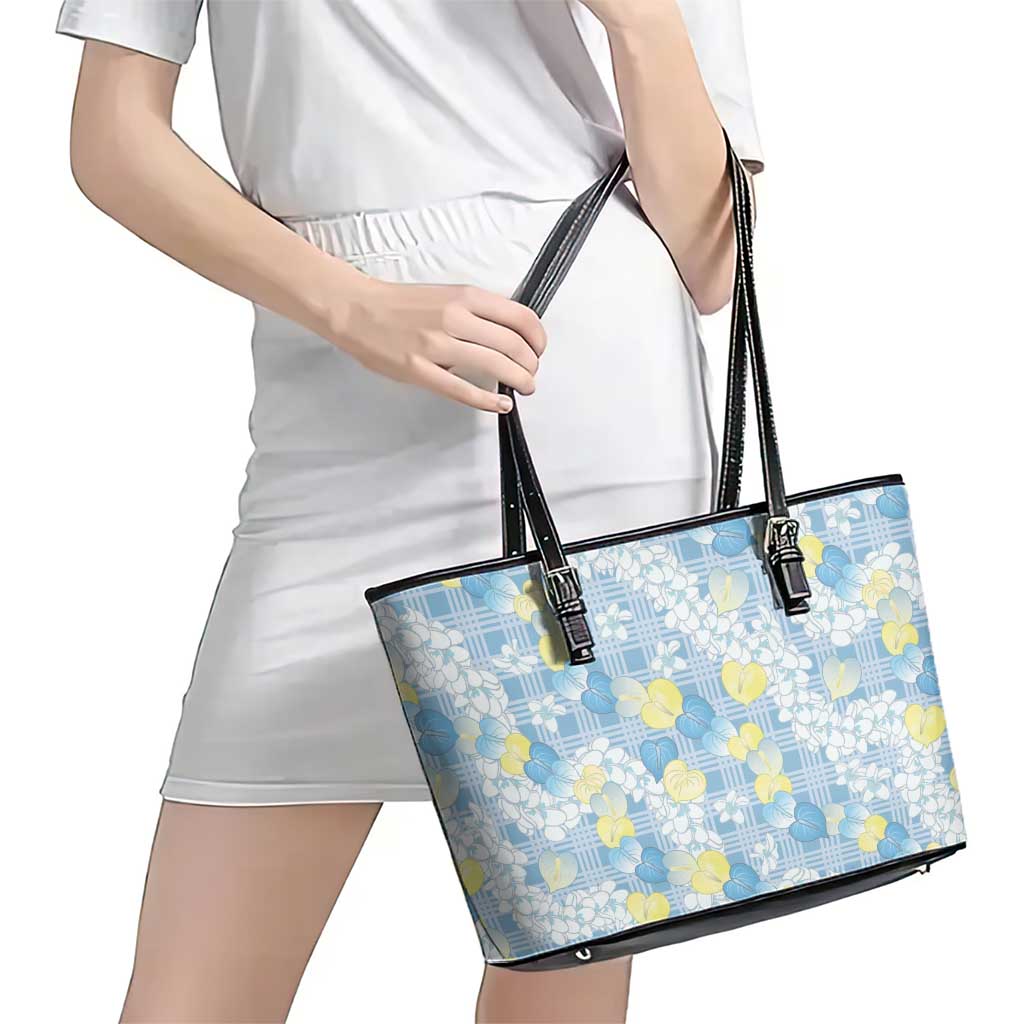 Anthurium Plumeria Lei Pastel Leather Tote Bag Blue Hawaiian Splendid Palaka