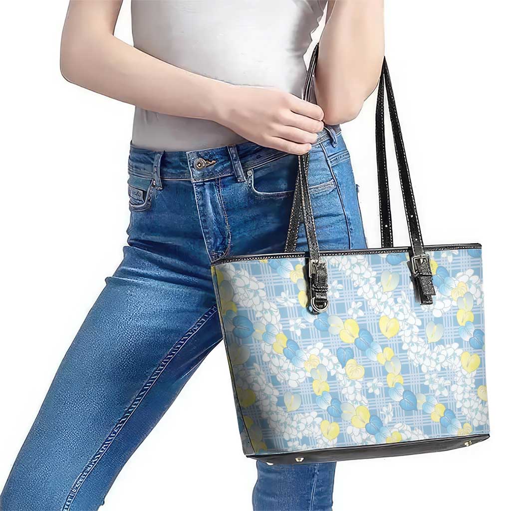 Anthurium Plumeria Lei Pastel Leather Tote Bag Blue Hawaiian Splendid Palaka