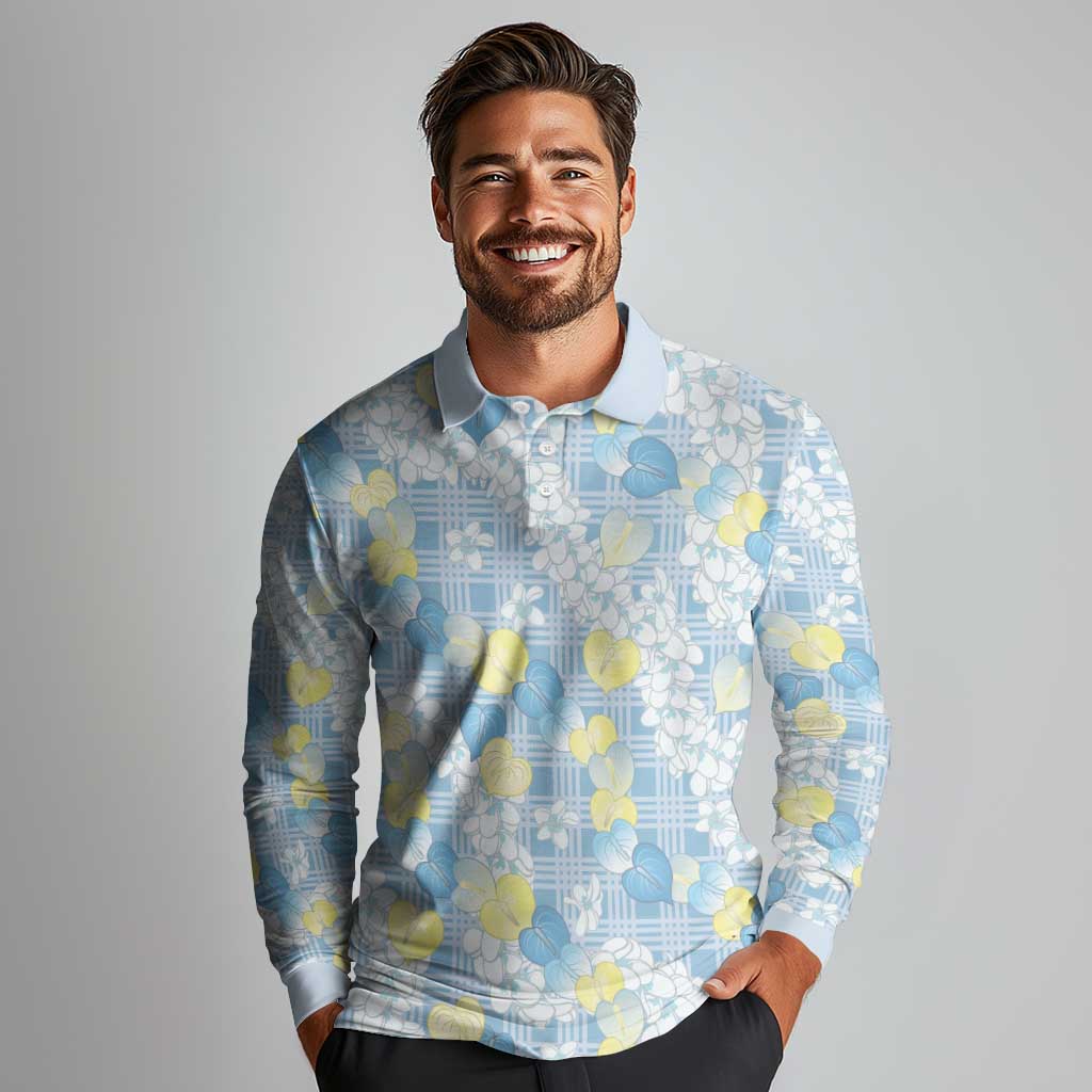 Anthurium Plumeria Lei Pastel Long Sleeve Polo Shirt Blue Hawaiian Splendid Palaka
