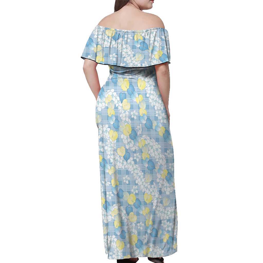 Anthurium Plumeria Lei Pastel Off Shoulder Maxi Dress Blue Hawaiian Splendid Palaka