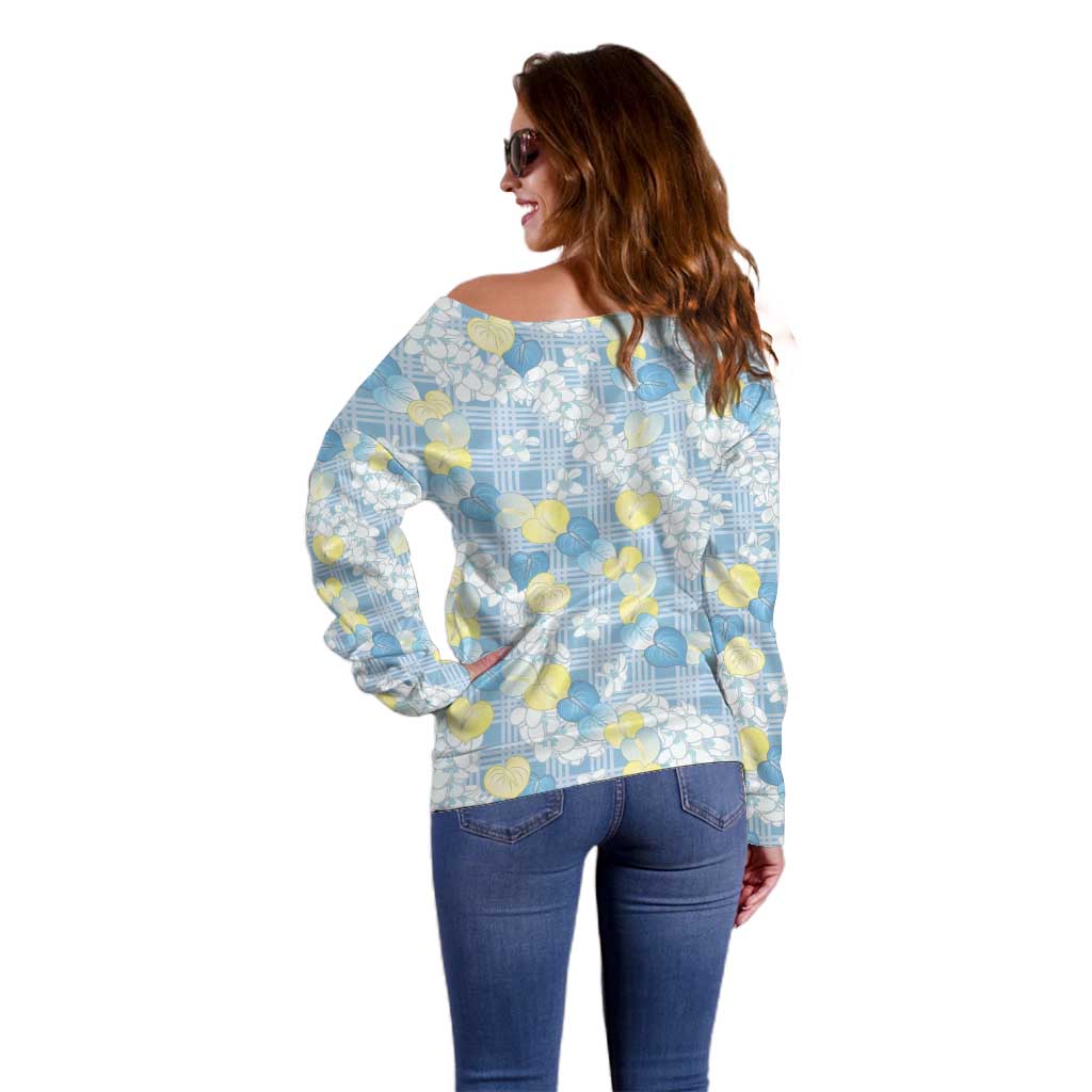 Anthurium Plumeria Lei Pastel Off Shoulder Sweater Blue Hawaiian Splendid Palaka