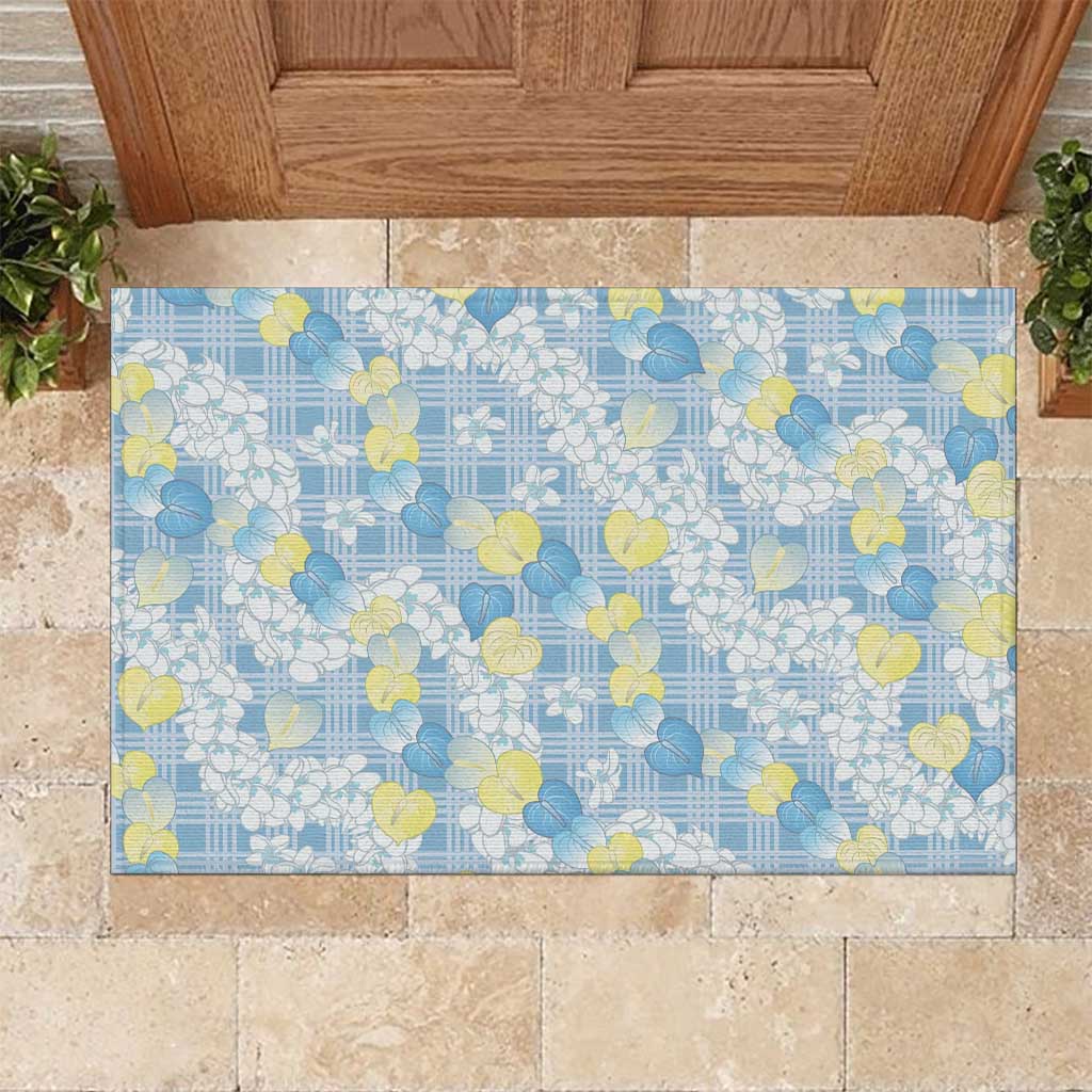 Anthurium Plumeria Lei Pastel Rubber Doormat Blue Hawaiian Splendid Palaka