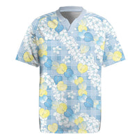 Anthurium Plumeria Lei Pastel Rugby Jersey Blue Hawaiian Splendid Palaka