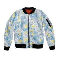 Anthurium Plumeria Lei Pastel Sleeve Zip Bomber Jacket Blue Hawaiian Splendid Palaka