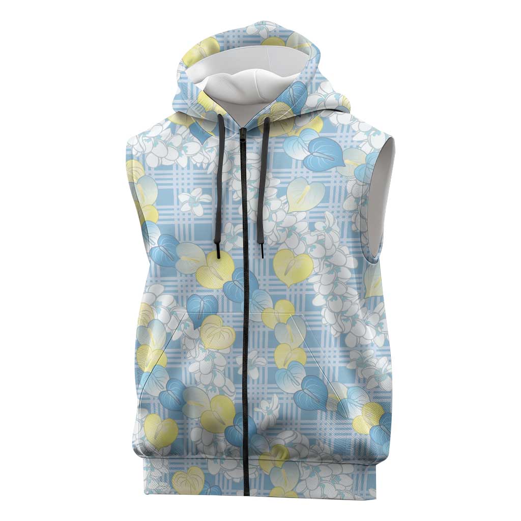Anthurium Plumeria Lei Pastel Sleeveless Zip Hoodie Blue Hawaiian Splendid Palaka