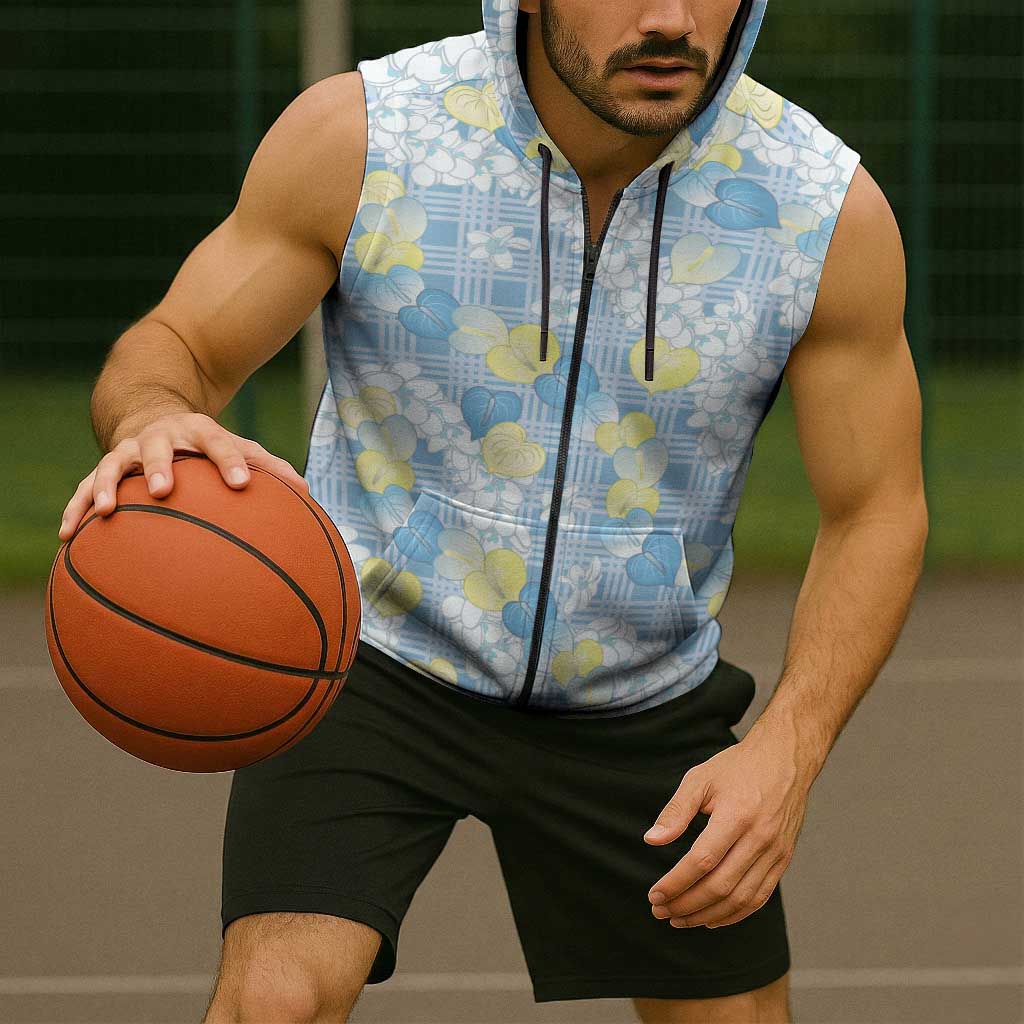 Anthurium Plumeria Lei Pastel Sleeveless Zip Hoodie Blue Hawaiian Splendid Palaka