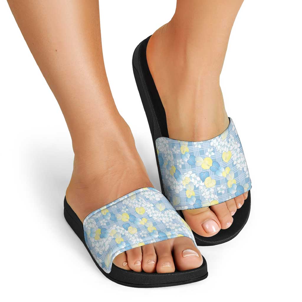 Anthurium Plumeria Lei Pastel Slide Sandals Blue Hawaiian Splendid Palaka
