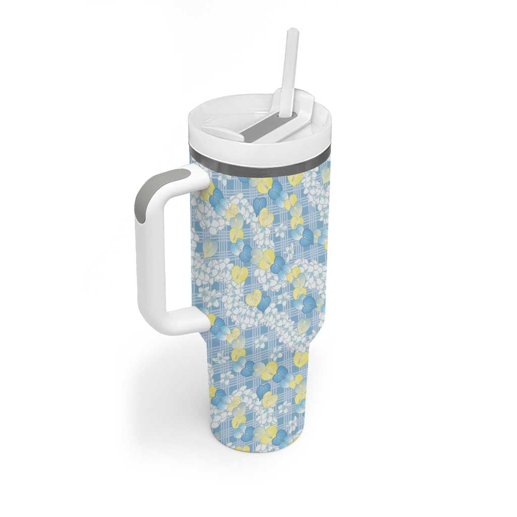 Anthurium Plumeria Lei Pastel Tumbler With Handle Blue Hawaiian Splendid Palaka