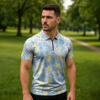 Anthurium Plumeria Lei Pastel Zipper Polo Shirt Blue Hawaiian Splendid Palaka