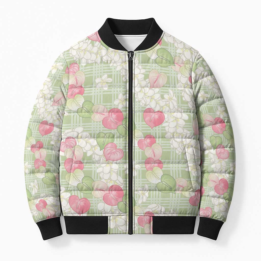 Anthurium Plumeria Lei Pastel Bomber Puffer Jacket Green Hawaiian Splendid Palaka