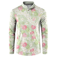 Anthurium Plumeria Lei Pastel Button Sweatshirt Green Hawaiian Splendid Palaka