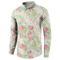 Anthurium Plumeria Lei Pastel Button Sweatshirt Green Hawaiian Splendid Palaka