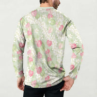 Anthurium Plumeria Lei Pastel Button Sweatshirt Green Hawaiian Splendid Palaka