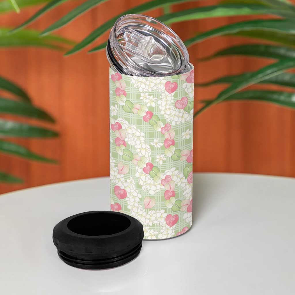 Anthurium Plumeria Lei Pastel 4 in 1 Can Cooler Tumbler Green Hawaiian Splendid Palaka