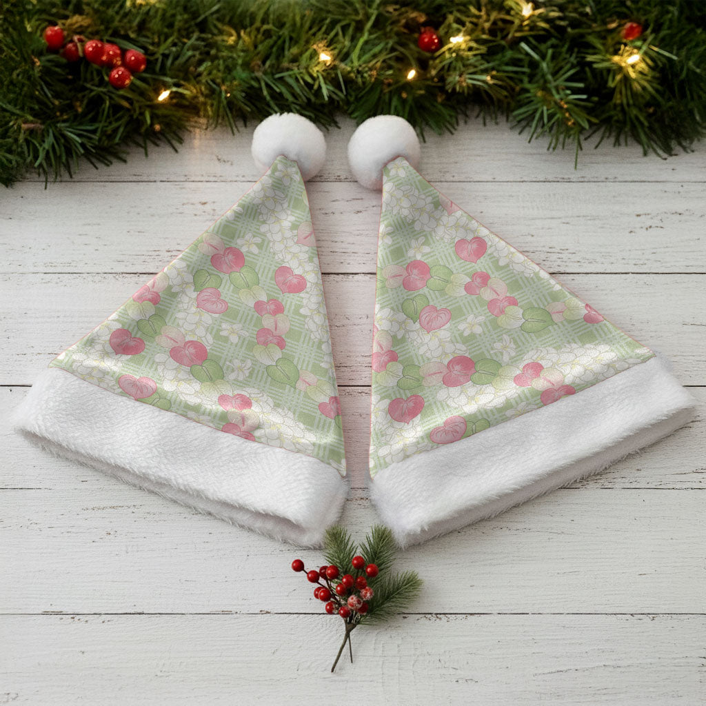 Anthurium Plumeria Lei Pastel Christmas Santa Hat Green Hawaiian Splendid Palaka LT01 - Polynesian Pride