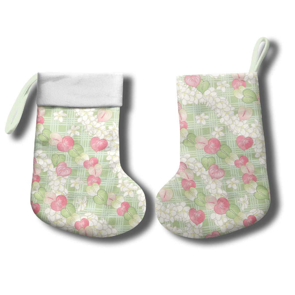 Anthurium Plumeria Lei Pastel Christmas Stocking Green Hawaiian Splendid Palaka LT01 - Polynesian Pride