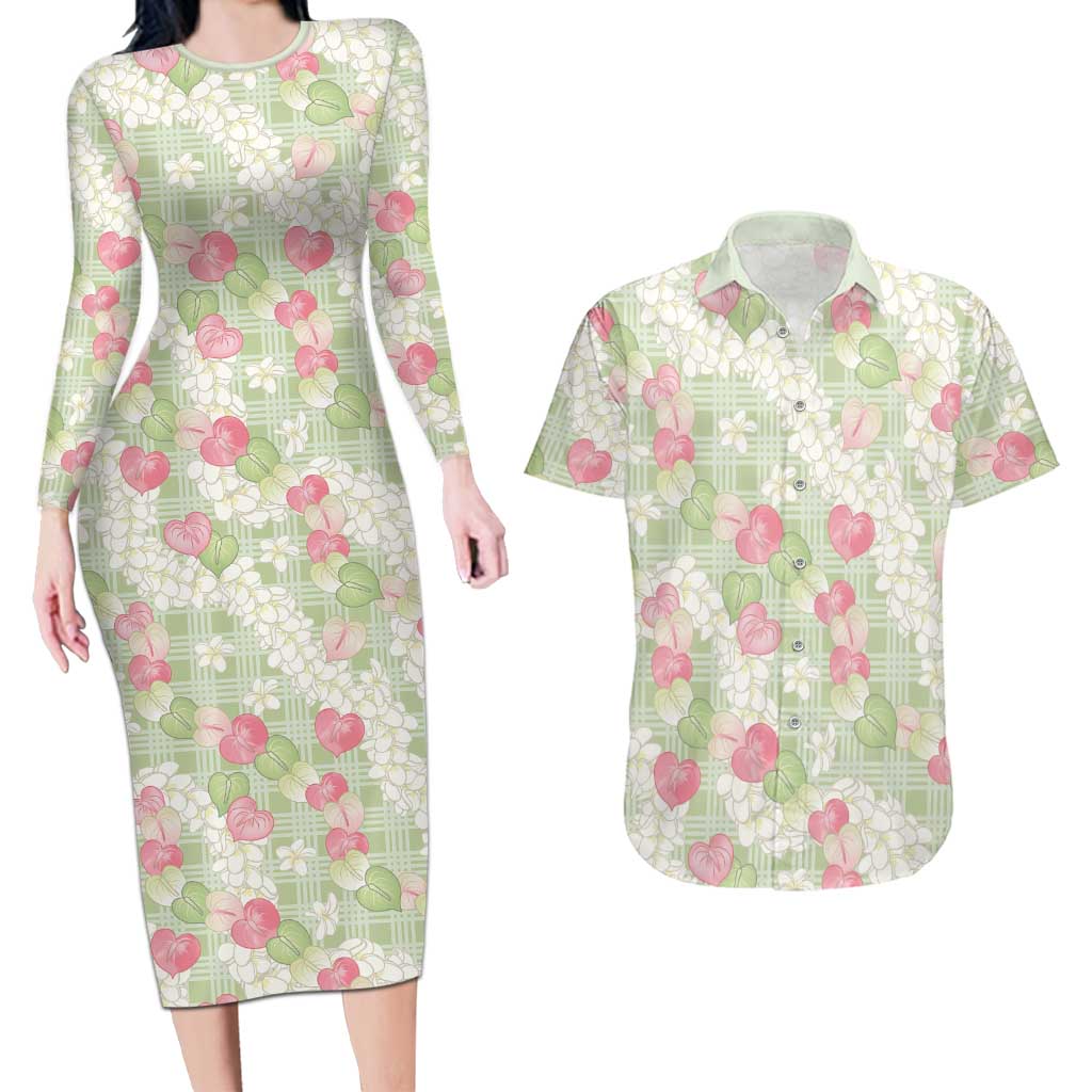 Anthurium Plumeria Lei Pastel Couples Matching Long Sleeve Bodycon Dress and Hawaiian Shirt Green Hawaiian Splendid Palaka LT01 Green - Polynesian Pride