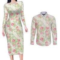 Anthurium Plumeria Lei Pastel Couples Matching Long Sleeve Bodycon Dress and Long Sleeve Button Shirt Green Hawaiian Splendid Palaka
