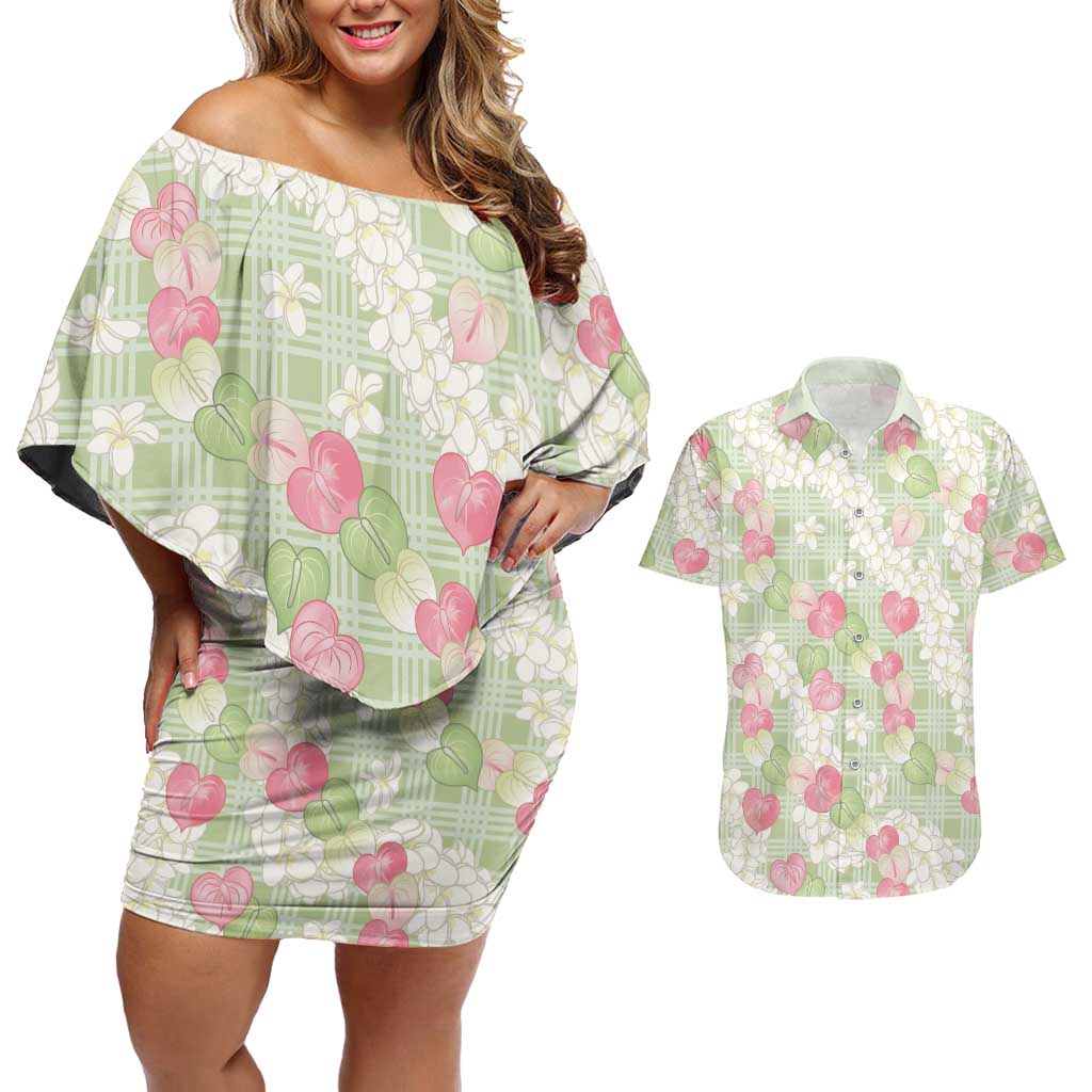 Anthurium Plumeria Lei Pastel Couples Matching Off Shoulder Short Dress and Hawaiian Shirt Green Hawaiian Splendid Palaka