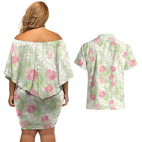 Anthurium Plumeria Lei Pastel Couples Matching Off Shoulder Short Dress and Hawaiian Shirt Green Hawaiian Splendid Palaka