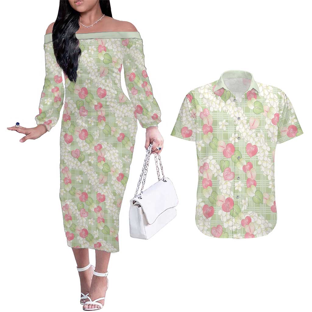 Anthurium Plumeria Lei Pastel Couples Matching Off The Shoulder Long Sleeve Dress and Hawaiian Shirt Green Hawaiian Splendid Palaka LT01 Green - Polynesian Pride