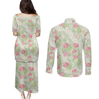 Anthurium Plumeria Lei Pastel Couples Matching Puletasi and Long Sleeve Button Shirt Green Hawaiian Splendid Palaka
