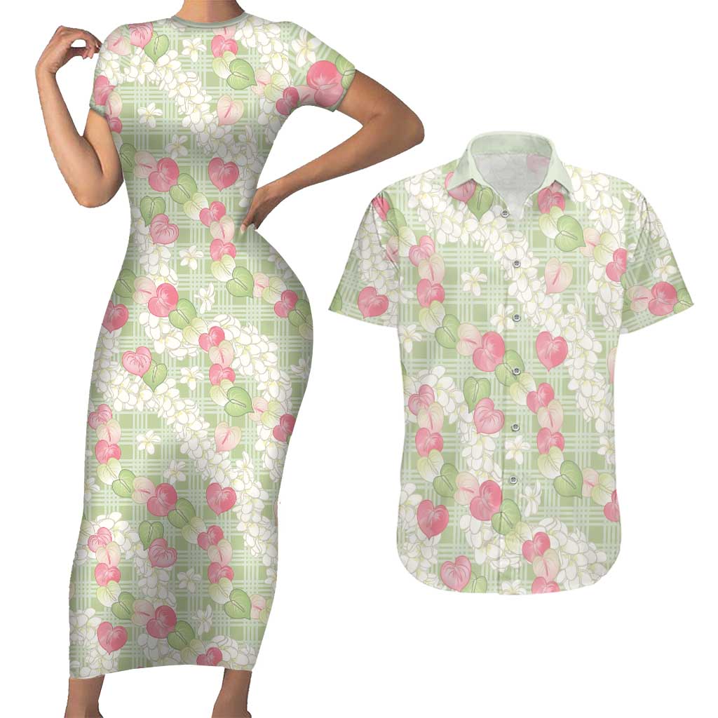 Anthurium Plumeria Lei Pastel Couples Matching Short Sleeve Bodycon Dress and Hawaiian Shirt Green Hawaiian Splendid Palaka LT01 Green - Polynesian Pride