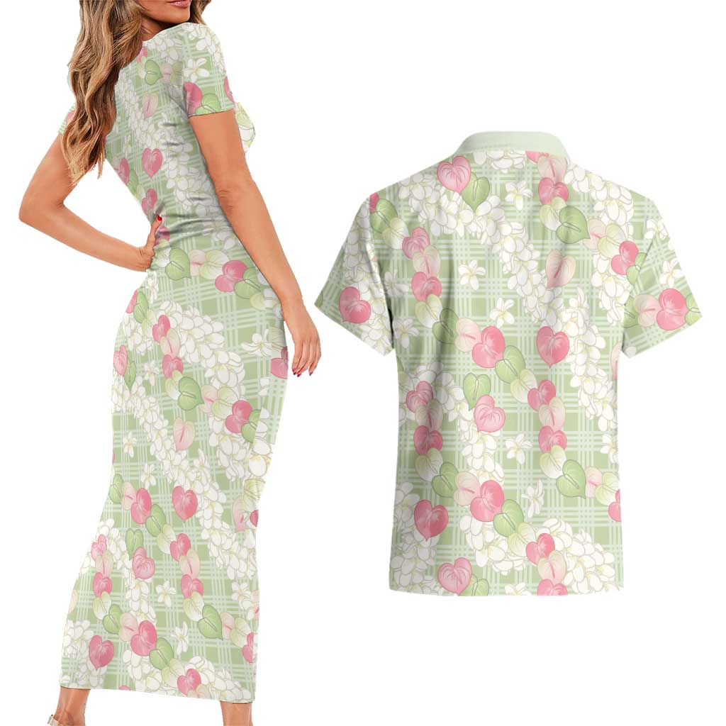 Anthurium Plumeria Lei Pastel Couples Matching Short Sleeve Bodycon Dress and Hawaiian Shirt Green Hawaiian Splendid Palaka LT01 - Polynesian Pride