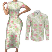 Anthurium Plumeria Lei Pastel Couples Matching Short Sleeve Bodycon Dress and Long Sleeve Button Shirt Green Hawaiian Splendid Palaka