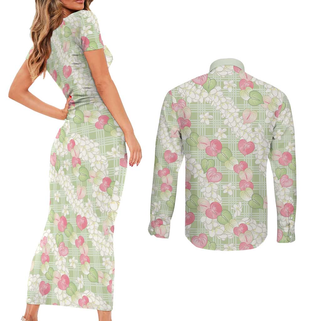 Anthurium Plumeria Lei Pastel Couples Matching Short Sleeve Bodycon Dress and Long Sleeve Button Shirt Green Hawaiian Splendid Palaka